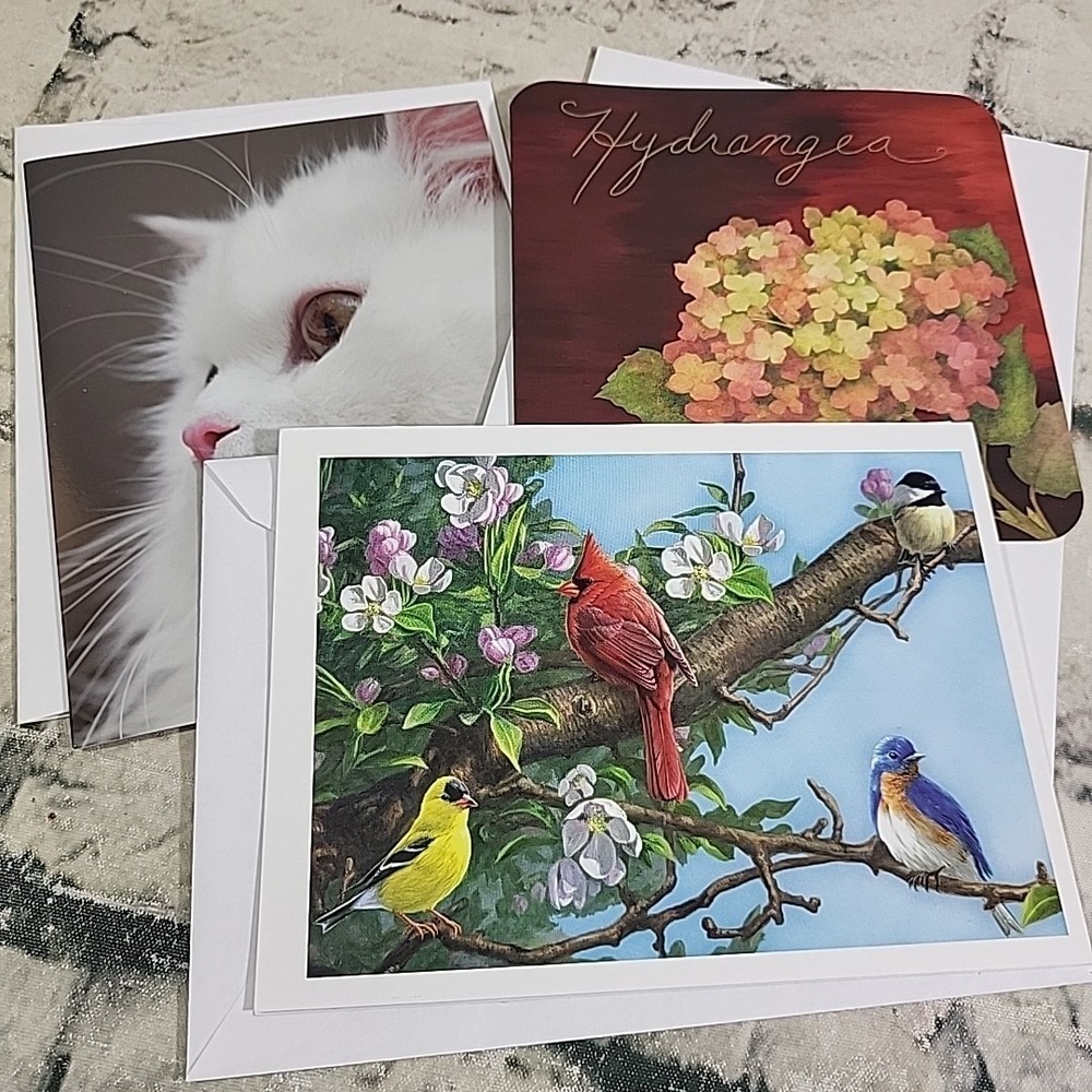 Greeting Cards Blank Inside Lot Of 3 White Cat Hydrangeas Floral Cardinal Birds